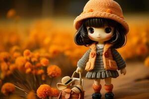 a doll wearing an orange hat and carrying a bag is standing in a field of orange flowers generative ai photo