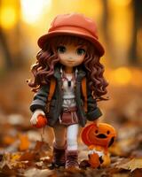 a doll wearing an orange hat and holding a pumpkin generative ai photo