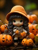 a doll wearing an orange hat and holding pumpkins generative ai photo