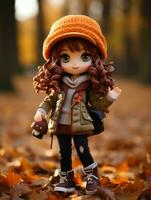 a doll wearing an orange hat and jacket standing in the leaves generative ai photo