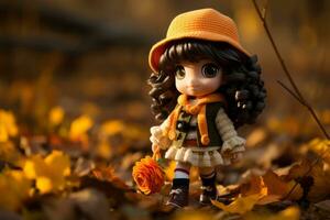 a doll wearing an orange hat and holding an orange flower generative ai photo