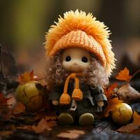 a doll wearing an orange hat sits on the ground surrounded by autumn leaves generative ai photo