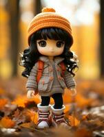 a doll wearing an orange hat and jacket stands in the leaves generative ai photo