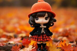 a doll wearing an orange hat and skirt standing in a field of autumn leaves generative ai photo