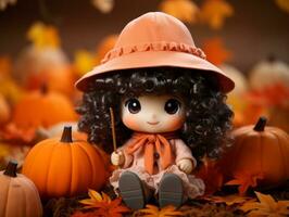 a doll wearing an orange hat sits on a pile of pumpkins generative ai photo