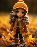 a doll wearing an orange jacket and brown boots standing in a field of fallen leaves generative ai photo