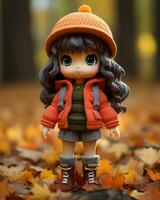 a doll wearing an orange jacket and boots standing in the leaves generative ai photo