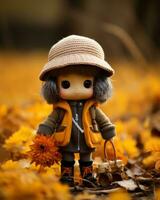 a doll wearing an orange jacket and hat stands in the middle of a field of autumn leaves generative ai photo