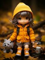 un muñeca vistiendo un naranja chaqueta y participación un osito de peluche oso generativo ai foto