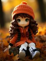 a doll wearing an orange sweater and boots sitting on a log generative ai photo