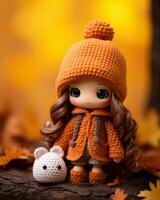 a doll wearing an orange knitted hat and holding a stuffed animal generative ai photo