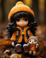 a doll wearing an orange sweater and brown boots sits on the ground next to a teddy bear generative ai photo