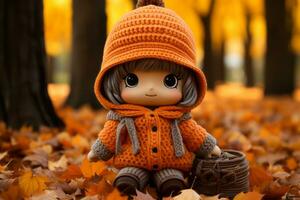 a doll wearing an orange sweater and hat sits in the leaves generative ai photo