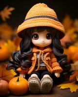 a doll wearing an orange sweater and hat sits on a table with pumpkins generative ai photo