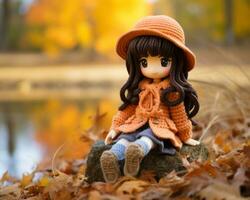 a doll wearing an orange sweater and hat sitting on a rock by a lake generative ai photo