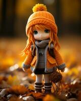 a doll wearing an orange sweater and hat stands in a field of fallen leaves generative ai photo