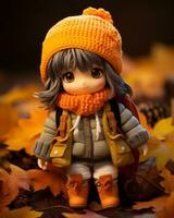 a doll wearing an orange sweater and hat stands in front of autumn leaves generative ai photo