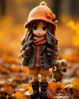 a doll wearing an orange sweater and hat stands in the autumn leaves generative ai photo