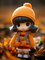 a doll wearing an orange sweater and hat stands in the leaves generative ai photo