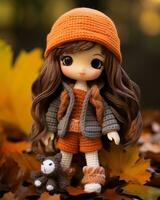 a doll wearing an orange sweater and hat with brown hair and brown eyes generative ai photo