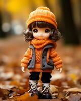 a doll wearing an orange sweater and hat stands in the leaves generative ai photo