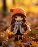 a doll wearing an orange sweater and hat stands in the leaves generative ai photo