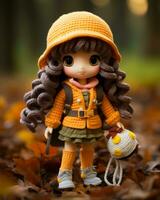 un muñeca vistiendo un naranja suéter y sombrero soportes en el hojas generativo ai foto