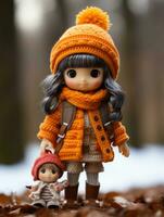 a doll wearing an orange sweater and hat stands next to a little girl generative ai photo