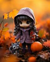 a doll with a cat and pumpkin in the autumn leaves generative ai photo