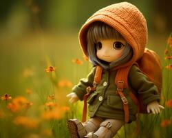 a doll with a backpack sitting in a field of flowers generative ai photo