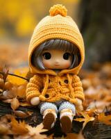 a doll wearing an orange sweater sits on a log in the leaves generative ai photo