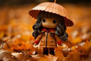 a doll wearing an umbrella in a field of fallen leaves generative ai photo