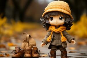 a doll with a hat and boots standing on a path in the fall generative ai photo