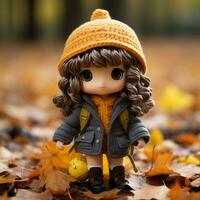 a doll with brown hair and a yellow hat is standing in the leaves generative ai photo