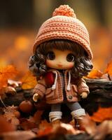 un muñeca con marrón pelo sentado en parte superior de caído hojas generativo ai foto