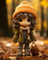 a doll with brown hair standing in the leaves generative ai photo