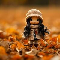 a doll with long black hair standing in a field of fallen leaves generative ai photo