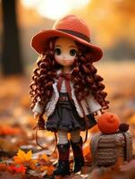 a doll with long curly hair and a hat stands in the autumn leaves generative ai photo