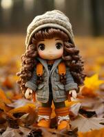 a doll with long curly hair standing in a field of fallen leaves generative ai photo