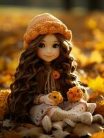 un muñeca con largo Rizado pelo sentado en el suelo rodeado por otoño hojas generativo ai foto