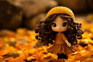 a doll with long curly hair standing in a field of autumn leaves generative ai photo