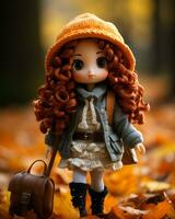 a doll with long red hair is standing in a field of fallen leaves generative ai photo