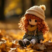 a doll with red hair sitting in the leaves generative ai photo