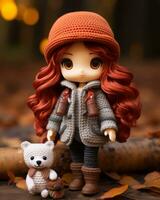 a doll with red hair and a teddy bear generative ai photo