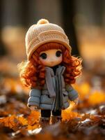 a doll with red hair standing in the leaves generative ai photo