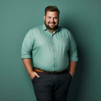 un grasa hombre en un verde camisa posando para el cámara generativo ai foto