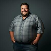un grasa hombre en un tartán camisa posando para el cámara generativo ai foto