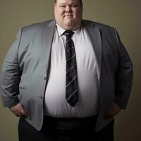 un grasa hombre en un traje y Corbata posando para el cámara generativo ai foto