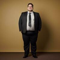 a fat man in a suit and tie standing in front of a brown background generative ai photo