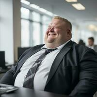 a fat man in a suit and tie sitting at a desk generative ai photo